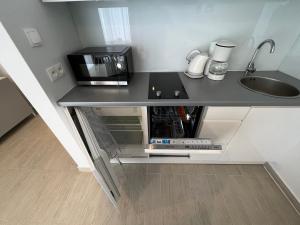 a kitchen with a counter with a microwave and a sink at Srebrna Perła 2-3 os in Sienna