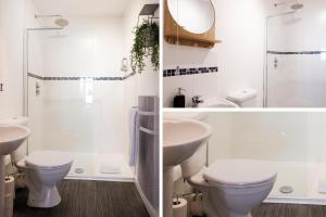 two images of a bathroom with a toilet and a sink at Corinium Lodge - town centre apartment in Cirencester