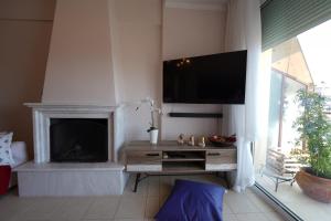een woonkamer met een open haard en een flatscreen-tv bij Blue Jasmine in Aigio
