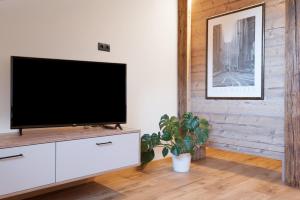 a living room with a flat screen tv on a white cabinet at Living Lerchna - Schöne Aussicht 2 in Maranza