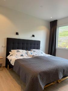 1 dormitorio con 1 cama grande y ventana grande en Vestmannsvatn Guesthouse en Aðaldalur