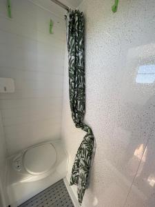 Baño con cortina de ducha junto a un aseo en Pant y Rhedyn Glamping and camping site, en Abergele 80 fotos más