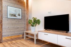sala de estar con TV de pantalla plana en una pared de madera en Apartment Schöne Aussicht, en Maranza