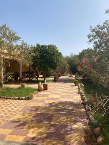 une passerelle en briques dans un parc planté d'arbres et de fleurs dans l'établissement Gite d étape Khettara Oasis, à Errachidia