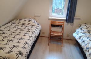 1 dormitorio con cama, escritorio y ventana en Vakantiehuis op top locatie #Ommen, en Ommen