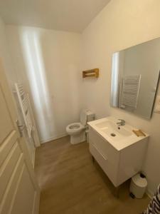 Un baño con inodoro, lavabo y espejo. en La cigales, en Martigues 1 foto más