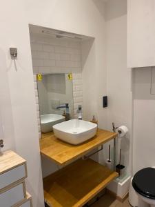 a bathroom with a large white sink and a toilet at Vivegnis, little cosy house in Liège