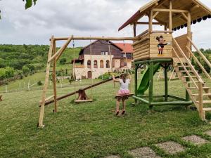 a young girl is playing on a playground at Pensiunea La Conac in Săliştea Veche