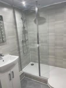 a bathroom with a shower and a toilet and a sink at The Ironstone Miners Cottage in Wilton +12 photos