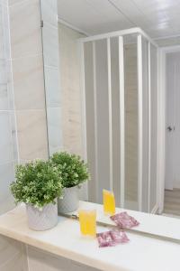 een badkamerbar met 2 planten en een spiegel bij WOT Costa da Caparica in Costa da Caparica