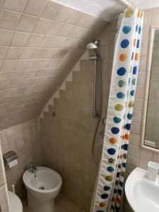 ein Bad mit einem WC und einem Duschvorhang in der Unterkunft Casa del sole in Manciano