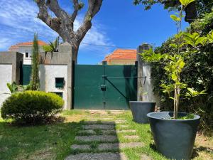 a garden with a green gate and two plants at ROOM in Molhe house with pool in Porto