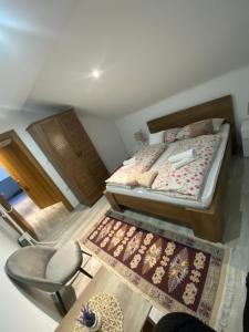 um quarto com uma cama, uma cadeira e um tapete em Apartman FILIP em Udbina