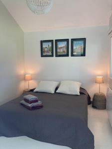 a bedroom with a bed with three pictures on the wall at LE CHALET de LA LONGERE in Beuvry-Nord