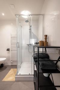 ein Badezimmer mit Glasdusche und Waschbecken in der Unterkunft Madrid Suites in Maastricht + 37 Fotos