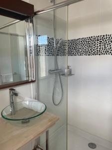 a bathroom with a glass shower with a sink at Chambre d'hôtes Hôte des Portes Île de Ré in Les Portes