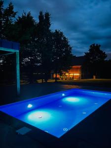 a blue swimming pool at night with a house at Garden Loft in Roczyny