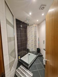 a bathroom with a shower and a bath tub at Executive Central Apartment in Sunderland +8 photos