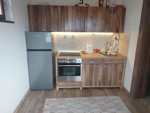 a small kitchen with a refrigerator and a sink at Planinska kuća Jabuka in Prijepolje +17 photos