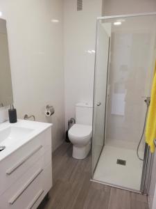 La salle de bains est pourvue de toilettes et d'une douche en verre. dans l'établissement Apartamento acogedor en primera linea de playa, à Dénia