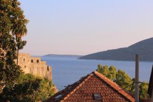 een uitzicht op een kasteel en een waterlichaam bij Apartments Iris in Herceg-Novi