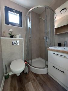 Un baño con ducha, inodoro y lavabo. en Ekolandia, en Orneta