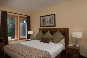 a bedroom with a large bed and a large window at Lodges at Canmore in Canmore