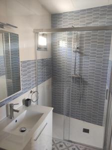a bathroom with a sink and a glass shower at A Casiña do Camiño in Baamonde