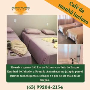 un flyer pour un hôtel avec 2 lits dans une chambre dans l'établissement Pousada Amanhecer no Jalapão, à São Félix do Tocantins