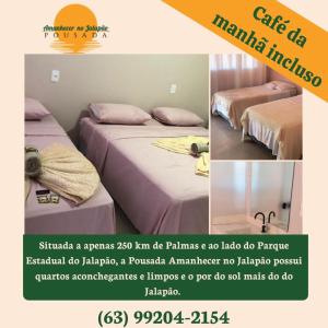 a flyer for a hotel with two beds in a room at Pousada Amanhecer no Jalapão in São Félix do Tocantins