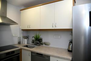 La cuisine est équipée de placards blancs et d'un réfrigérateur en acier inoxydable. dans l'établissement Apartma pri lipi, à Bohinj