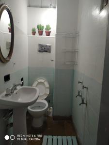 Un baño con inodoro, lavabo y espejo. en Bed & Breakfast Pleno Centro EN CASA PARTICULAR, en San Luis