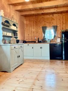 a kitchen with white cabinets and a black refrigerator at Oliwkowy gaj in Sasino