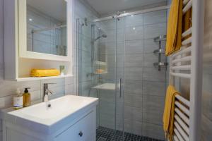 a bathroom with a shower with a sink and a toilet at Fernerblick Apartments in Tux