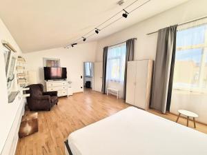 a living room with a bed and a tv at Apartment am Rohrbach in Friedrichshafen