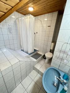 a bathroom with a shower and a sink and a toilet at Chill Apartman in Balatonfüred +18 photos