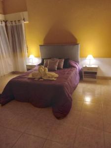 sypialnia z dużym łóżkiem i fioletowym kocem w obiekcie casa lucia w mieście La Falda
