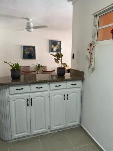 una cocina con armarios blancos y macetas en Arena Confort, en Punta Cana 6 fotos más
