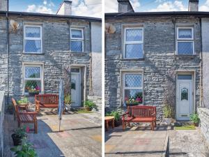 a stone house with two benches in front of it at 7 Dolydd Terrace in Tanygrisiau