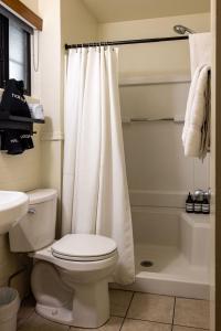 uma casa de banho com um WC e uma cortina de chuveiro em Star Motel em Sedona