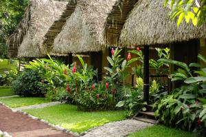 a garden with a grass hut with flowers and plants at Picocanoa Rodavento in Jalcomulco