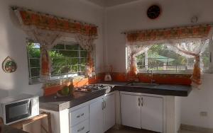 una cucina con lavandino e forno a microonde e due finestre di Finca El Jardin SOLO PARA FAMILIAS a Tocaima