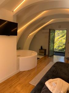 Vigo de SanabriaにあるESPEJO DE SOLEDADESのバスタブ、テレビ、ベッドが備わる客室です。