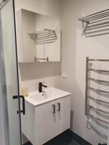 a white bathroom with a sink and a mirror at Work Stay at 123 in Dunedin +98 photos