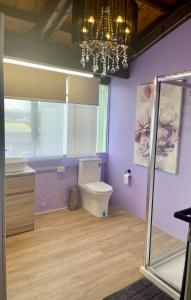 d'une salle de bains pourpre avec des toilettes et un lustre. dans l'établissement Kamo Studio Apartment, à Whangarei