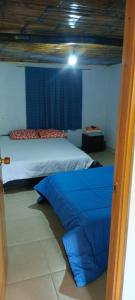 two beds in a room with blue walls at Cabaña Eliseo Guachato Villa Rosita in Tota