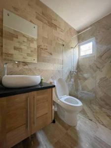 a bathroom with a toilet and a sink and a shower at Casa Familiar en el Valle de Constanza in Constanza