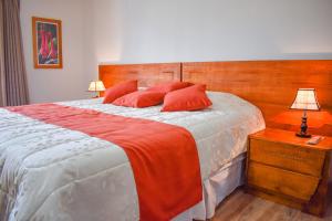 ein Schlafzimmer mit einem großen Bett mit roten Kissen in der Unterkunft CASA TALIOS in Carhuaz