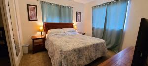 a bedroom with a bed and two windows with blue curtains at Humble Home in Hawaii in Ainaloa