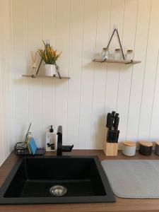 a kitchen with a sink and a counter top at Gorgeous 2 bedroom tiny house plus luxury Glamping in Bollier